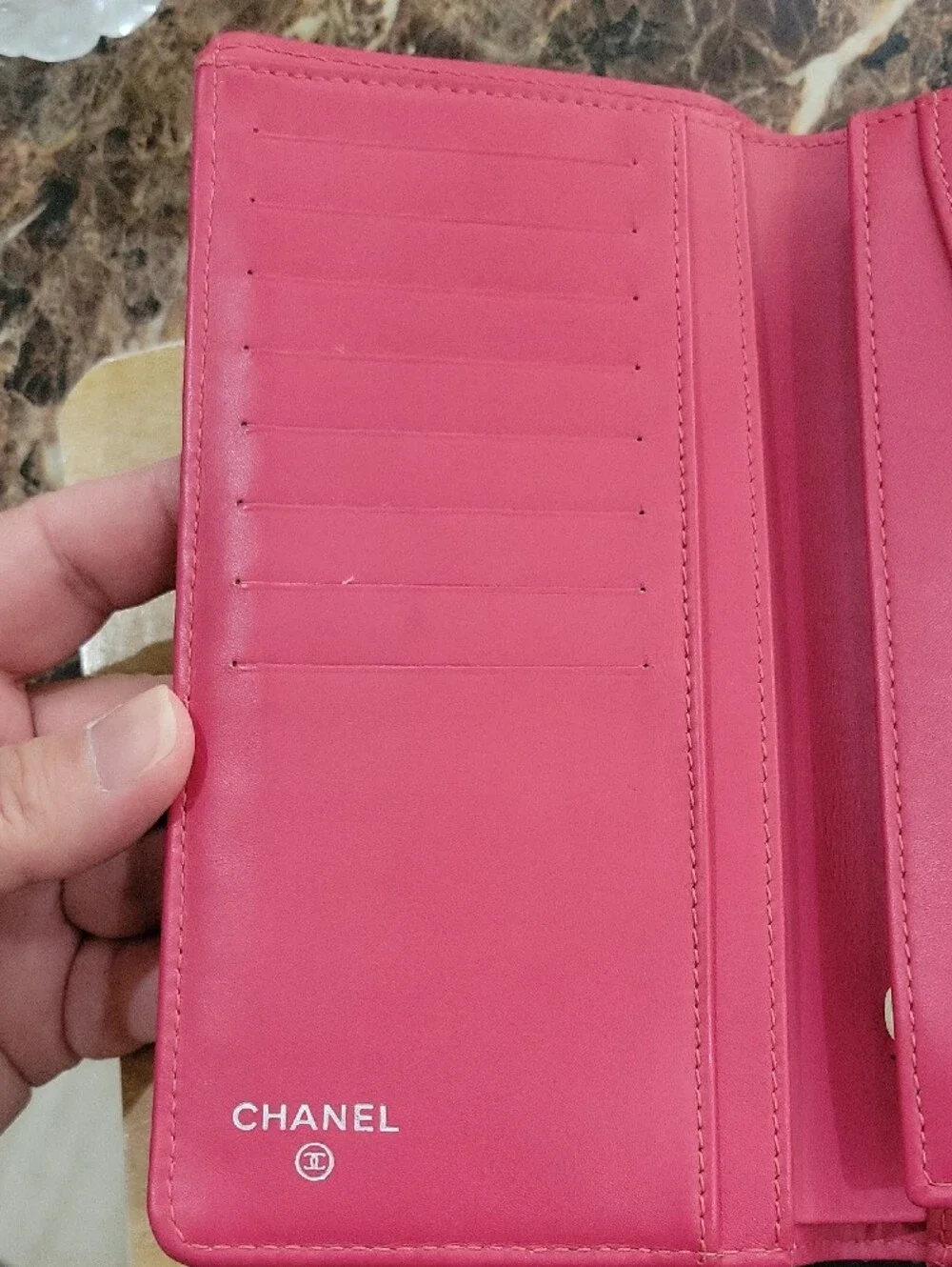 CHANEL Quilted Patent Leather Wallet - Hot Pink with Silver CC